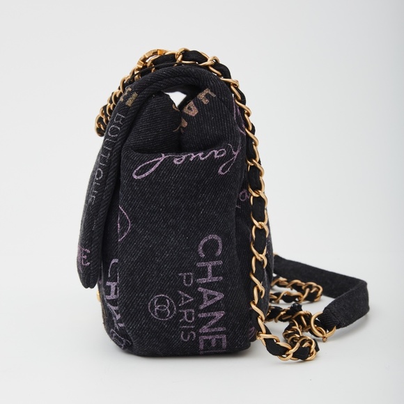 CHANEL PRINTED LOGO BLACK DENIM LARGE GRAFFITI FLAP BAG (2021) - Picture 2 of 9